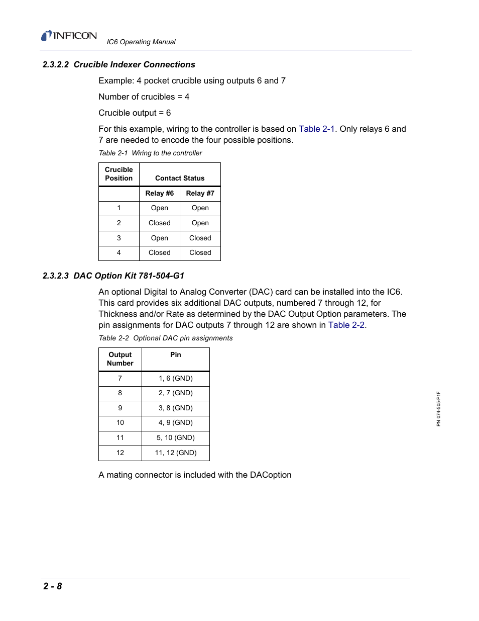 2 crucible indexer connections, 3 dac option kit 781-504-g1 | INFICON IC6 Thin Film Deposition Controller User Manual | Page 50 / 332
