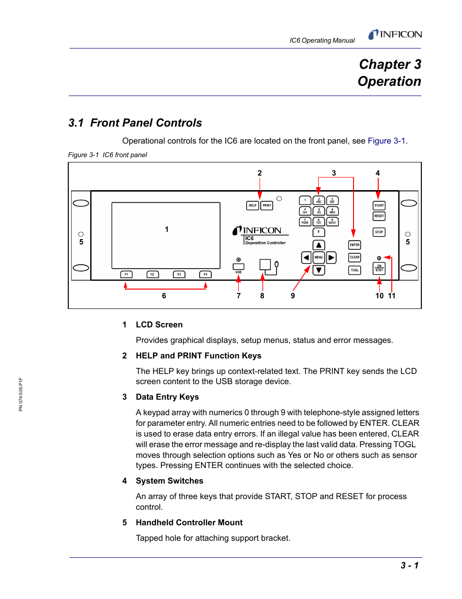 Chapter 3 operation, 1 front panel controls, Chapter 3 | INFICON IC6 Thin Film Deposition Controller User Manual | Page 55 / 332