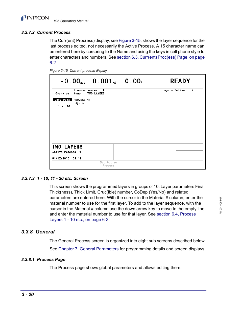 2 current process, 3 1 - 10, 11 - 20 etc. screen, 8 general | INFICON IC6 Thin Film Deposition Controller User Manual | Page 74 / 332