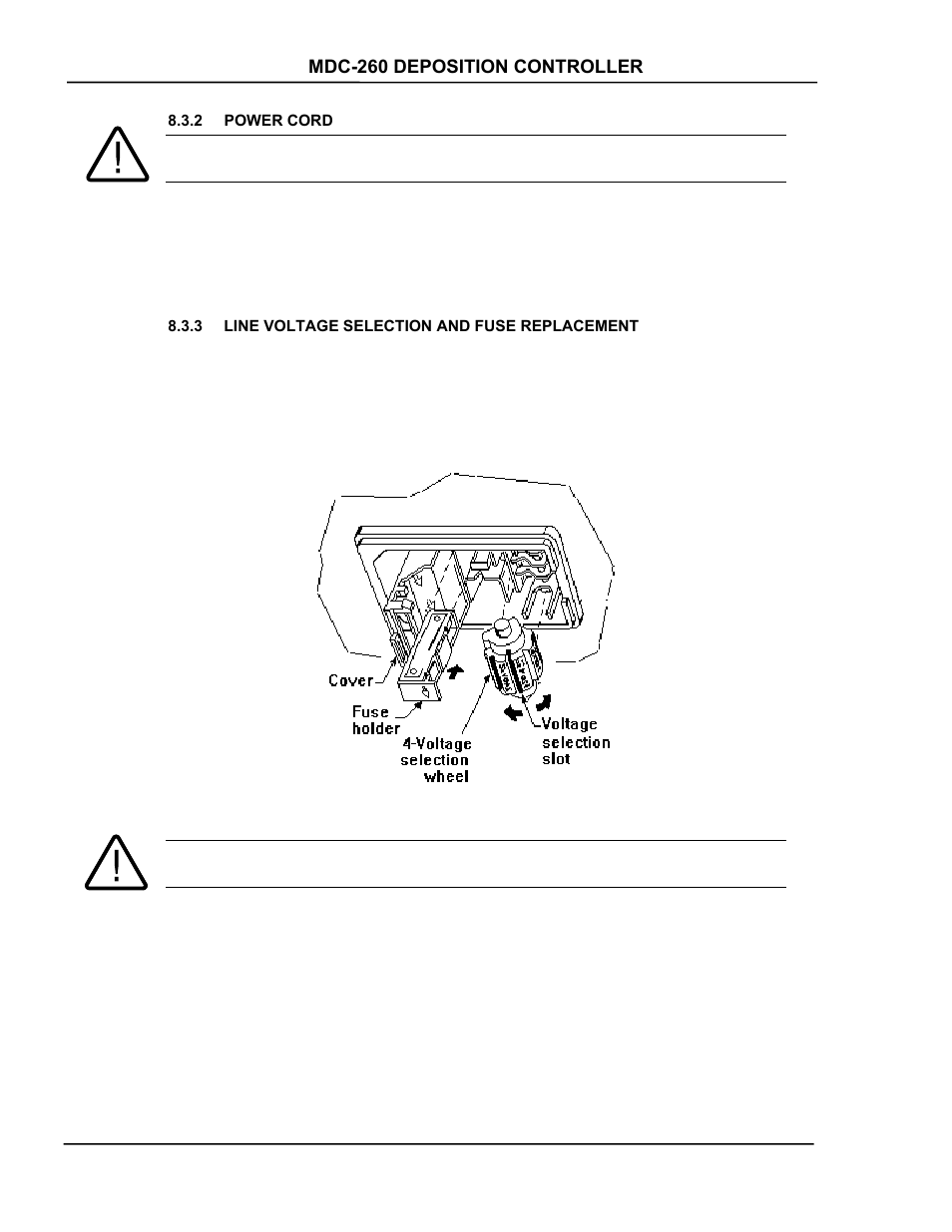 Power cord, Line voltage selection and fuse replacement, Power cord -2 | Line voltage selection and fuse replacement -2, Figure 8-1 power entry module -2 | INFICON MDC-260 Thin Film Deposition Controller User Manual | Page 102 / 208
