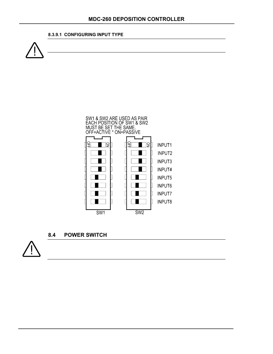 Configuring input type, Power switch, Configuring input type -4 | Ower, Witch, Figure 8-2 input type selection switches -4 | INFICON MDC-260 Thin Film Deposition Controller User Manual | Page 104 / 208