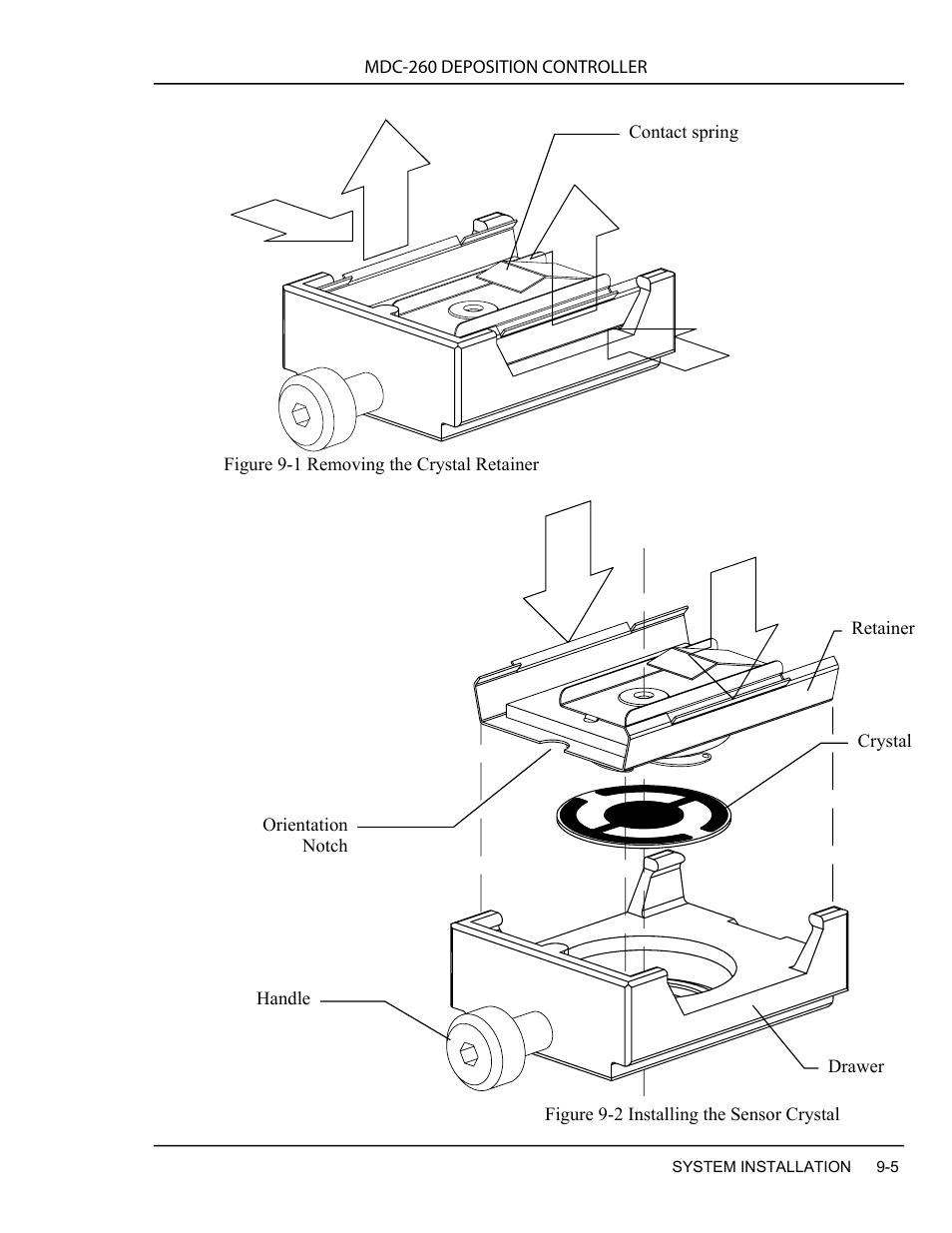 Figure 9-1 removing the crystal retainer -5, Figure 9-2 installing the sensor crystal -5 | INFICON MDC-260 Thin Film Deposition Controller User Manual | Page 117 / 208