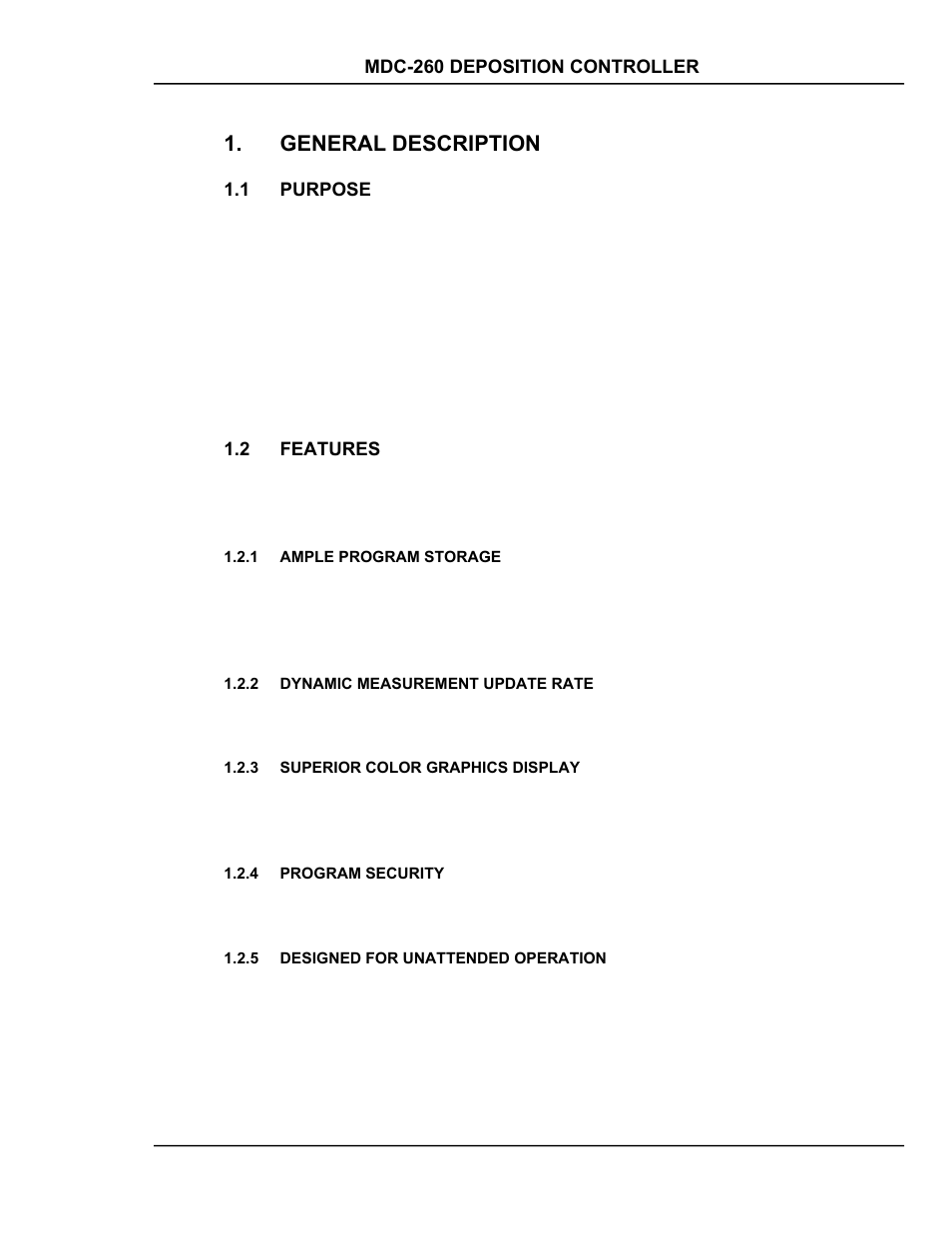 General description, Purpose, Features | Ample program storage, Dynamic measurement update rate, Superior color graphics display, Program security, Designed for unattended operation, General description -1, Purpose -1 | INFICON MDC-260 Thin Film Deposition Controller User Manual | Page 19 / 208