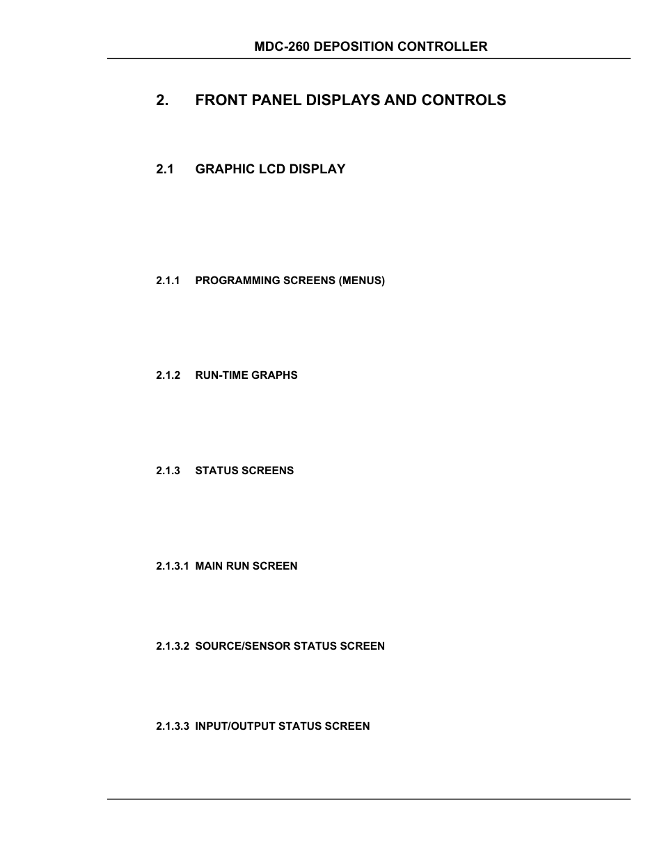 Front panel displays and controls, Graphic lcd display, Programming screens (menus) | Run-time graphs, Status screens, Main run screen, Source/sensor status screen, Input/output status screen, Front panel displays and controls -1, Raphic | INFICON MDC-260 Thin Film Deposition Controller User Manual | Page 27 / 208