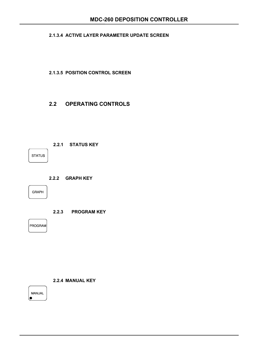 Active layer parameter update screen, Position control screen, Operating controls | Status key, Graph key, Program key, Manual key, Active layer parameter update screen -2, Position control screen -2, Operating | INFICON MDC-260 Thin Film Deposition Controller User Manual | Page 28 / 208