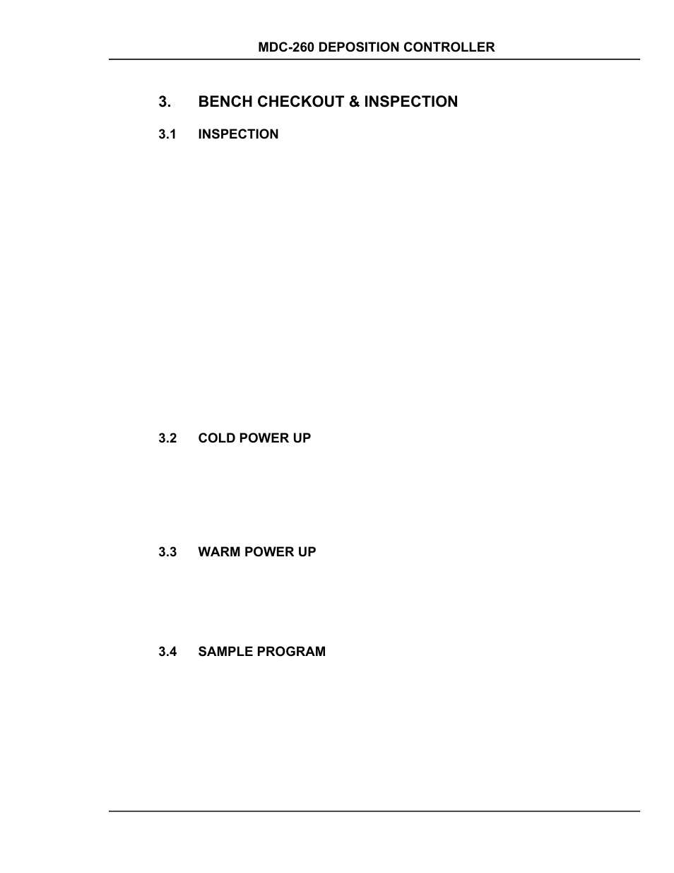 Bench checkout & inspection, Inspection, Cold power up | Warm power up, Sample program, Bench checkout & inspection -1, Inspection -1, Cold, Power, Up -1 | INFICON MDC-260 Thin Film Deposition Controller User Manual | Page 31 / 208