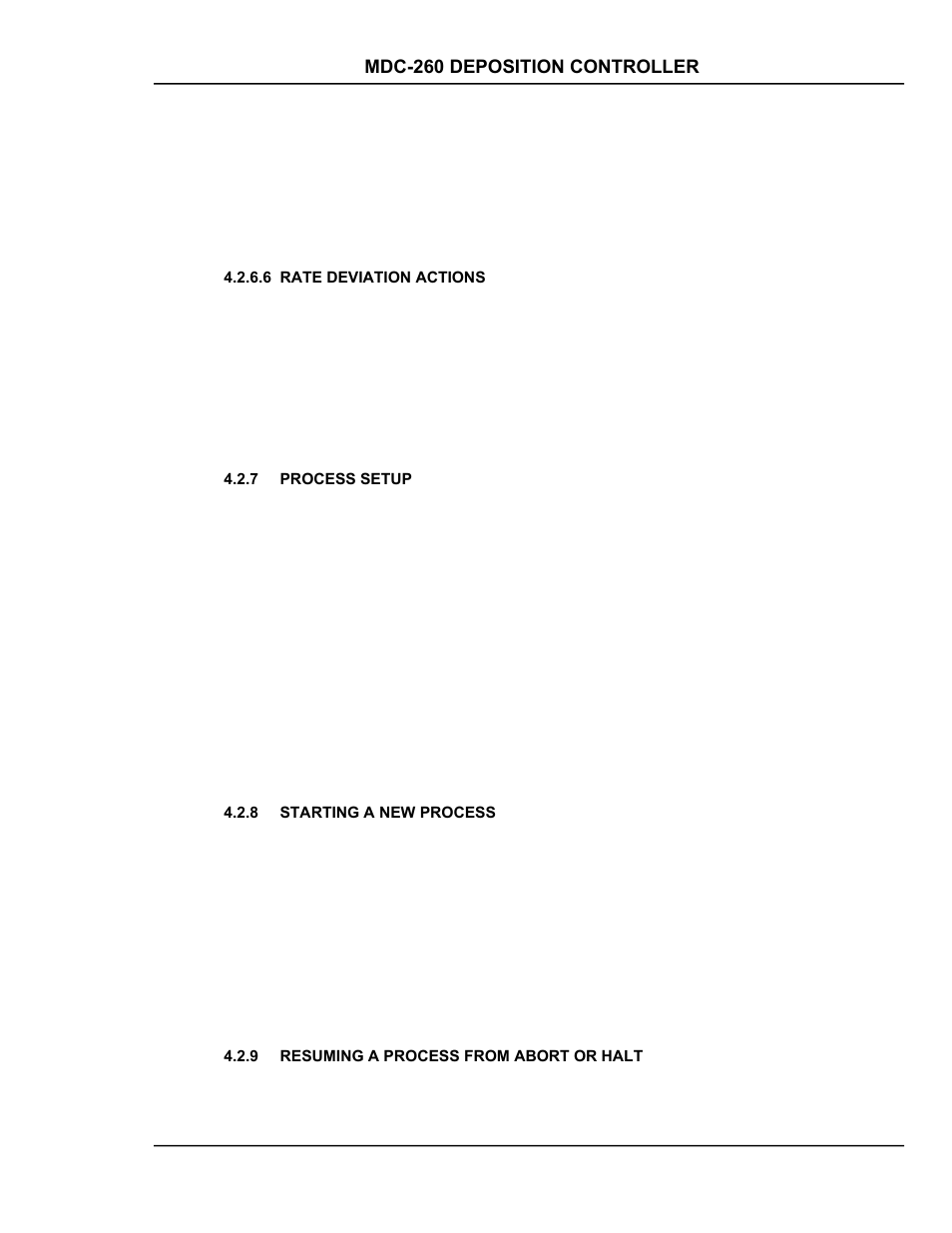 Rate deviation actions, Process setup, Starting a new process | Resuming a process from abort or halt, Rate deviation actions -13, Process setup -13, Starting a new process -13, Resuming a process from abort or halt -13 | INFICON MDC-260 Thin Film Deposition Controller User Manual | Page 49 / 208