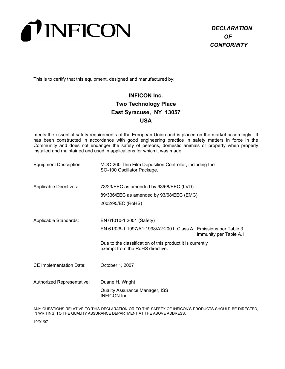Declaration of conformity | INFICON MDC-260 Thin Film Deposition Controller User Manual | Page 5 / 208