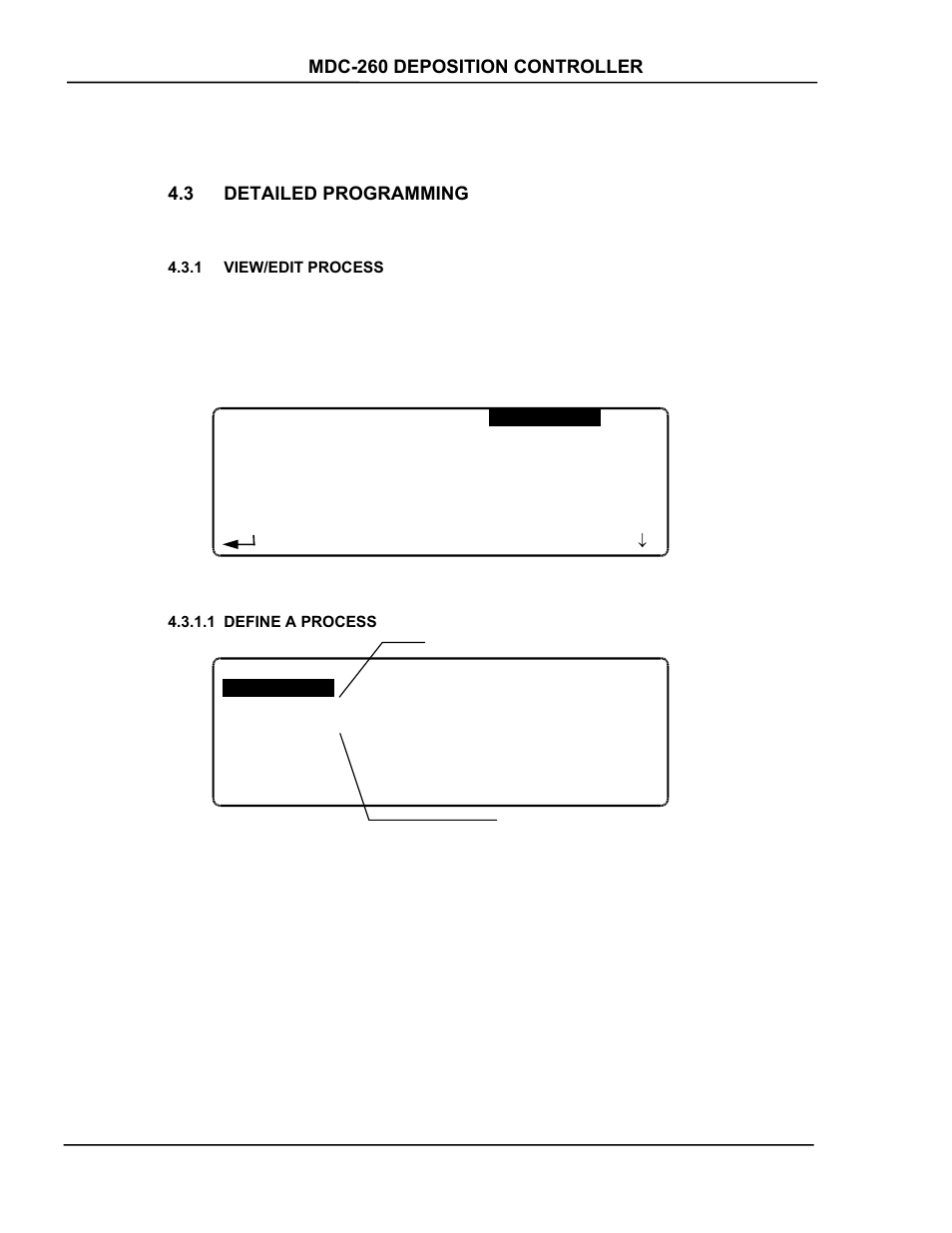 Detailed programming, View/edit process, Define a process | Detailed, Programming -14, View/edit process -14, Define a process -14, Figure 4-2 select process screen -14, Figure 4-3 define process screen -14 | INFICON MDC-260 Thin Film Deposition Controller User Manual | Page 50 / 208