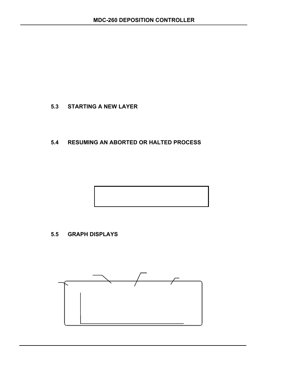 Starting a new layer, Resuming an aborted or halted process, Graph displays | Starting, Layer -2, Resuming, Aborted, Halted, Process -2, Displays -2 | INFICON MDC-260 Thin Film Deposition Controller User Manual | Page 80 / 208