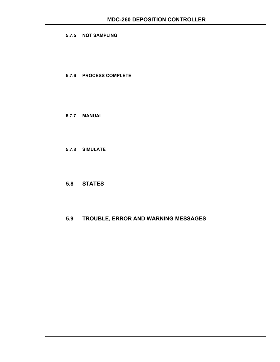 Not sampling, Process complete, Manual | Simulate, States, Trouble, error and warning messages, Not sampling -7, Process complete -7, Manual -7, Simulate -7 | INFICON MDC-260 Thin Film Deposition Controller User Manual | Page 85 / 208