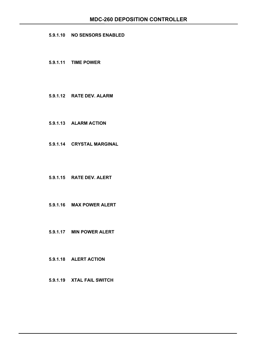 No sensors enabled, Time power, Rate dev. alarm | Alarm action, Crystal marginal, Rate dev. alert, Max power alert, Min power alert, Alert action, Xtal fail switch | INFICON MDC-260 Thin Film Deposition Controller User Manual | Page 88 / 208