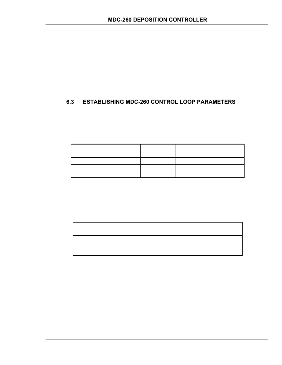 Establishing mdc-260 control loop parameters, Stablishing, Mdc-260 | Ontrol, Arameters, Table 6-1 default and range for pid parameters -3 | INFICON MDC-260 Thin Film Deposition Controller User Manual | Page 93 / 208