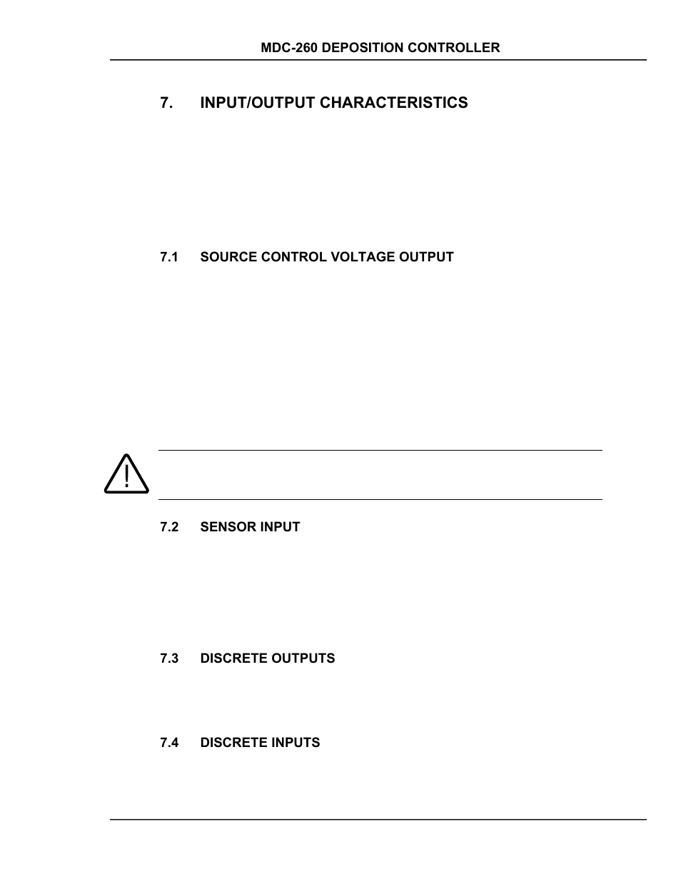 Input/output characteristics, Source control voltage output, Sensor input | Discrete outputs, Discrete inputs, Input/output characteristics -1, Source, Control, Voltage, Output -1 | INFICON MDC-260 Thin Film Deposition Controller User Manual | Page 95 / 208