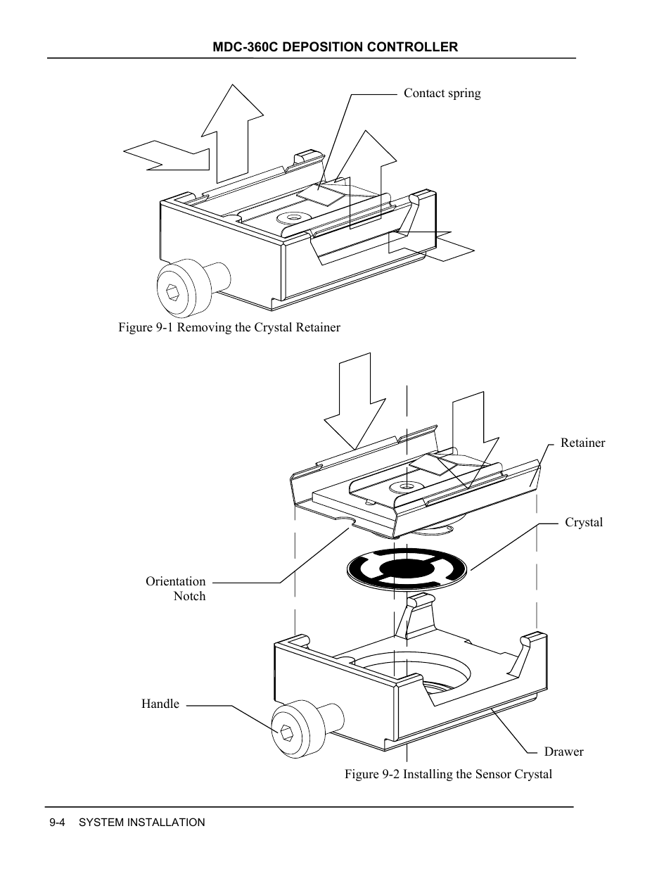 Figure 9-1 removing the crystal retainer -4, Figure 9-2 installing the sensor crystal -4 | INFICON MDC-360C Thin Film Deposition Controller User Manual | Page 128 / 196