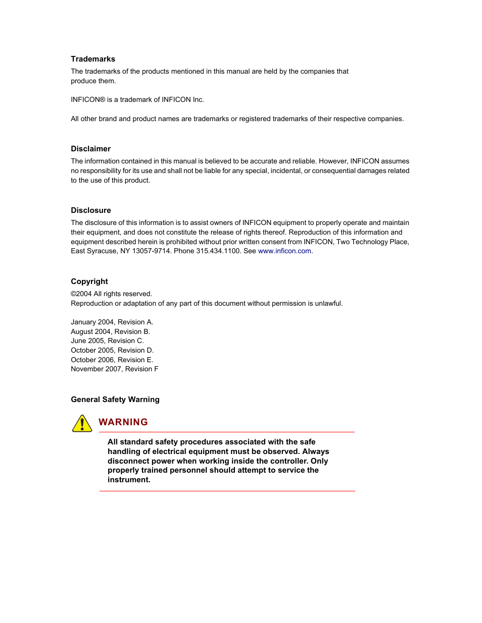 Trademarks, Disclaimer, Disclosure | Copyright | INFICON MDC-360C Thin Film Deposition Controller User Manual | Page 4 / 196