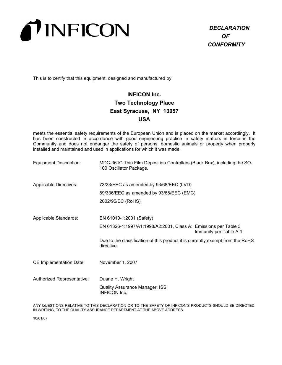 Declaration of conformity | INFICON MDC-361C Thin Film Deposition Controller User Manual | Page 5 / 14