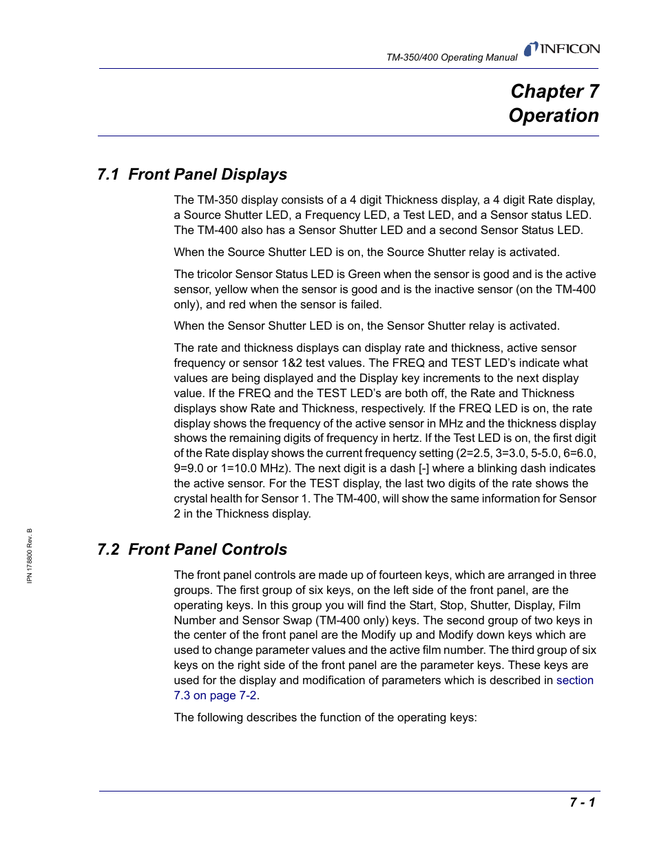 Chapter 7 operation, 1 front panel displays, 2 front panel controls | Chapter 7 | INFICON TM-400 Thin Film Deposition Monitor User Manual | Page 49 / 82