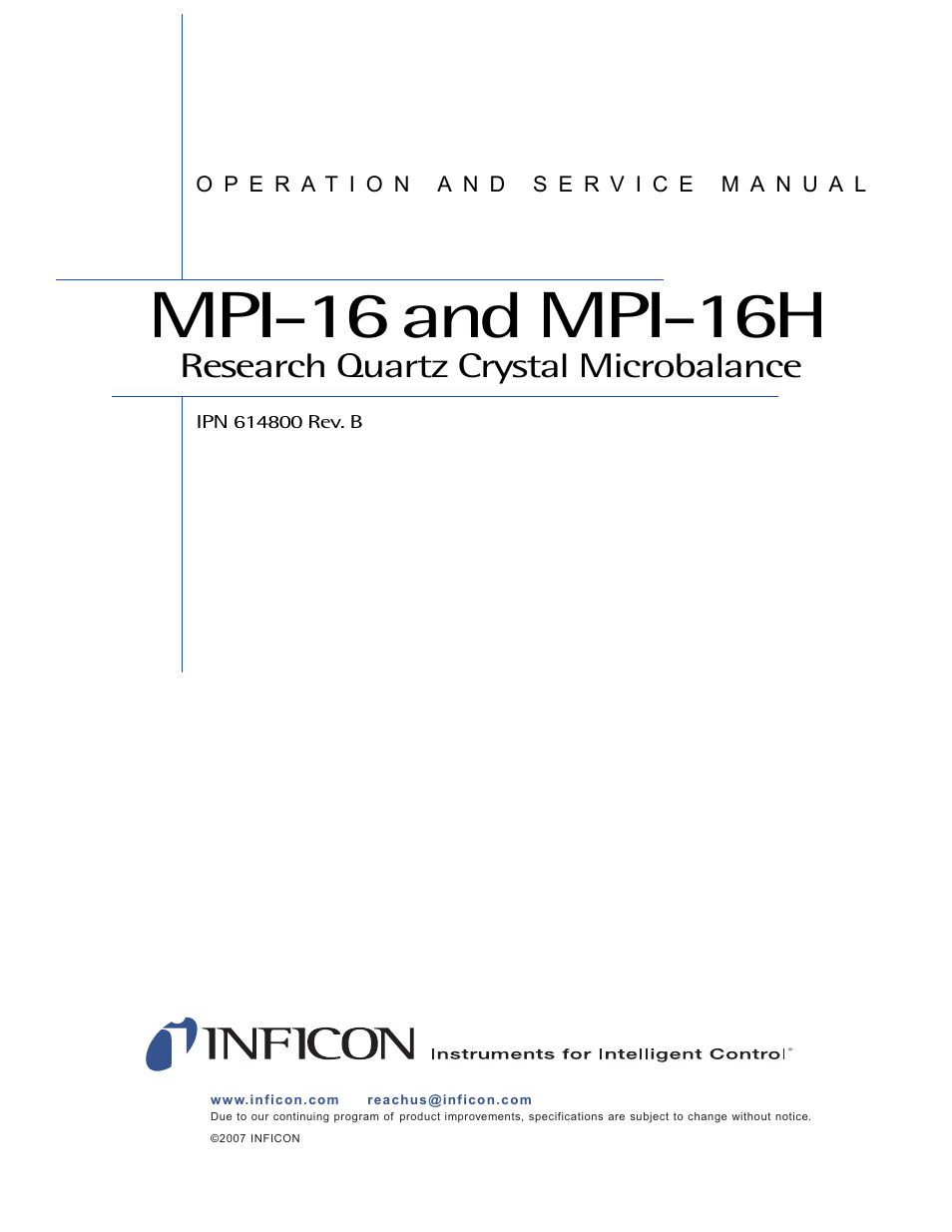 Mpi-16 and mpi-16h, Research quartz crystal microbalance | INFICON MPI-16 Crucible Indexer User Manual | Page 3 / 49