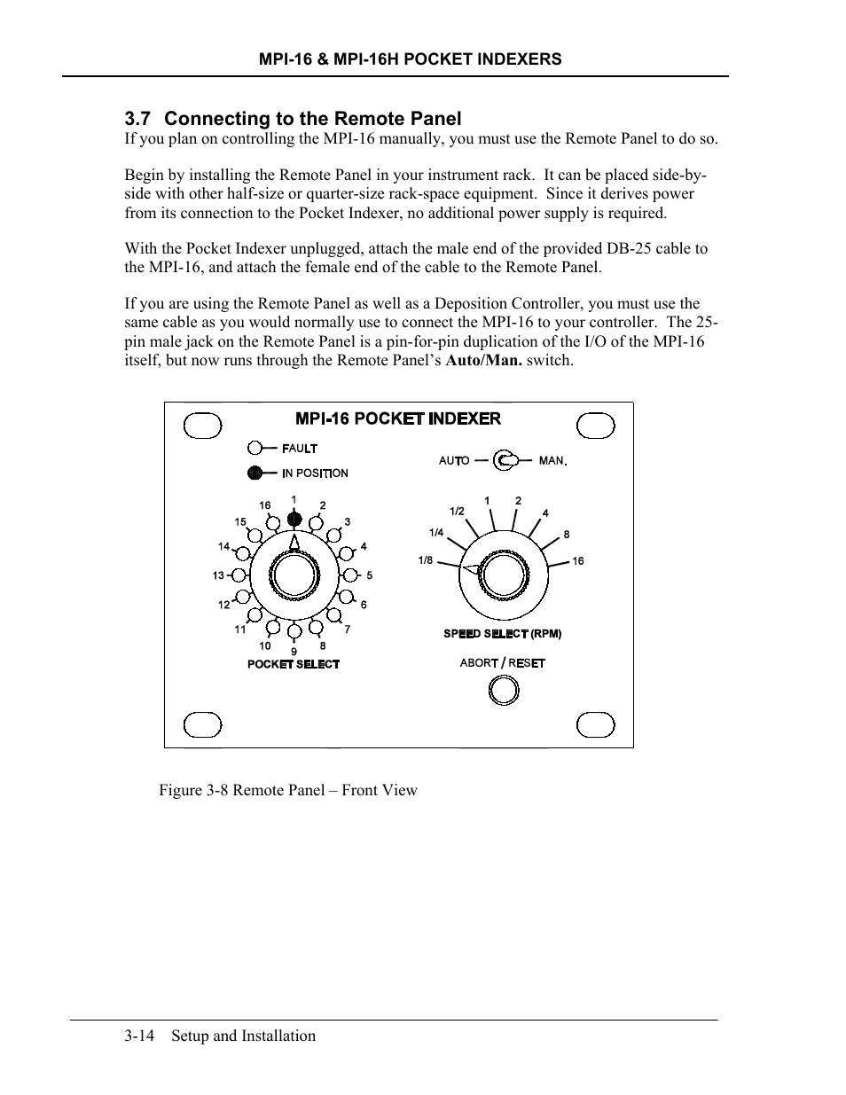Connecting to the remote panel, Connecting to the remote panel -14, Igure | Emote, Anel, Ront | INFICON MPI-16 Crucible Indexer User Manual | Page 32 / 49