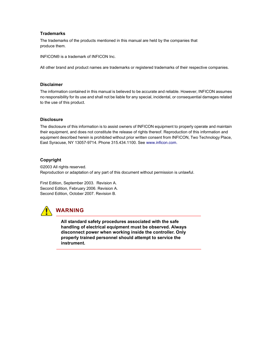 Trademarks, Disclaimer, Disclosure | Copyright | INFICON MPI-16 Crucible Indexer User Manual | Page 4 / 49
