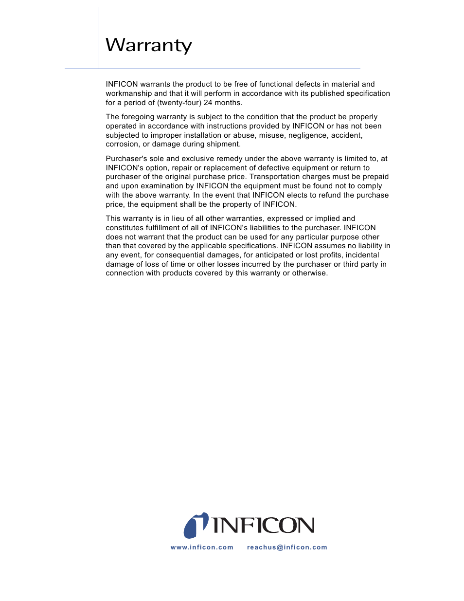 Warranty | INFICON MPI-16 Crucible Indexer User Manual | Page 5 / 49