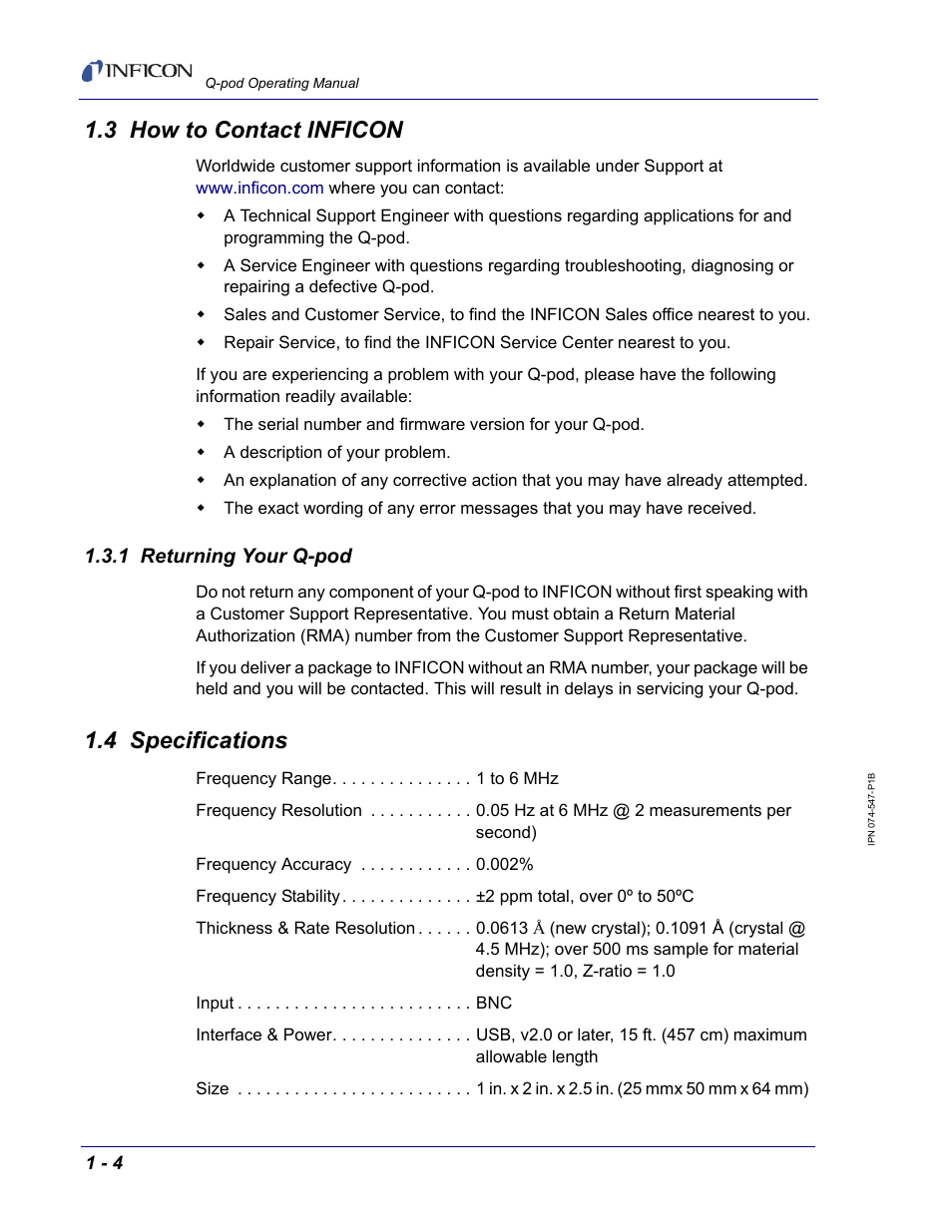 3 how to contact inficon, 1 returning your q-pod, 4 specifications | INFICON Q-pod Thin Film Deposition Monitor User Manual | Page 16 / 72