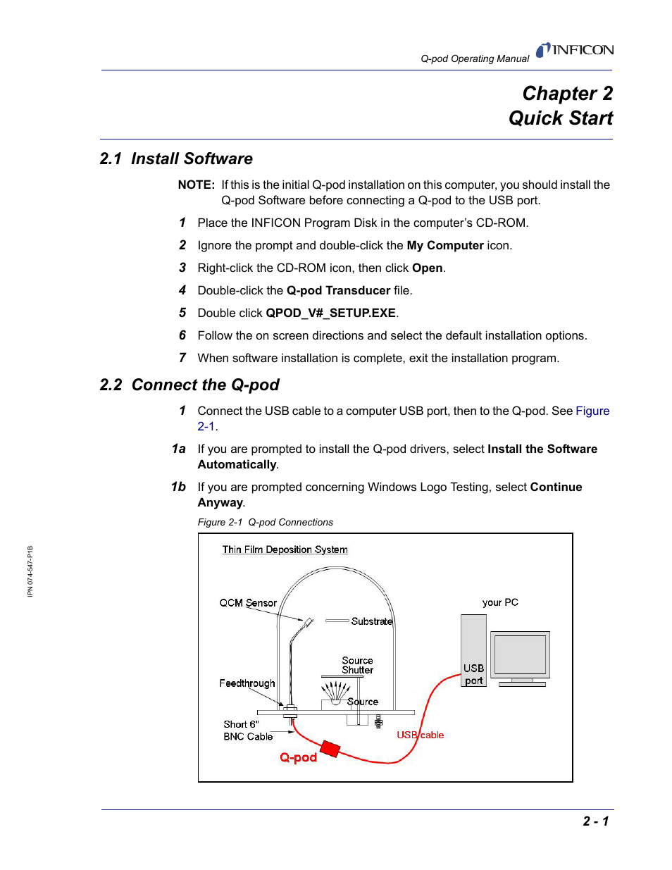 Chapter 2 quick start, 1 install software, 2 connect the q-pod | Chapter 2, Chapter 2, quick start | INFICON Q-pod Thin Film Deposition Monitor User Manual | Page 19 / 72