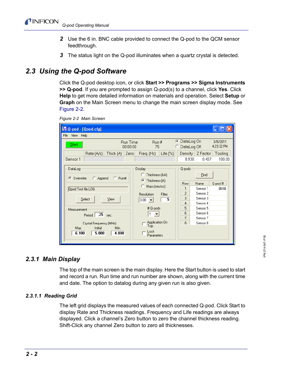 3 using the q-pod software, 1 main display, 1 reading grid | INFICON Q-pod Thin Film Deposition Monitor User Manual | Page 20 / 72