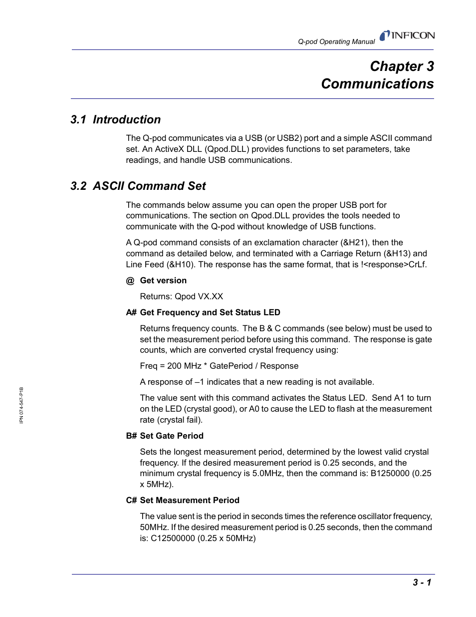 Chapter 3 communications, 1 introduction, 2 ascii command set | Chapter 3 | INFICON Q-pod Thin Film Deposition Monitor User Manual | Page 23 / 72