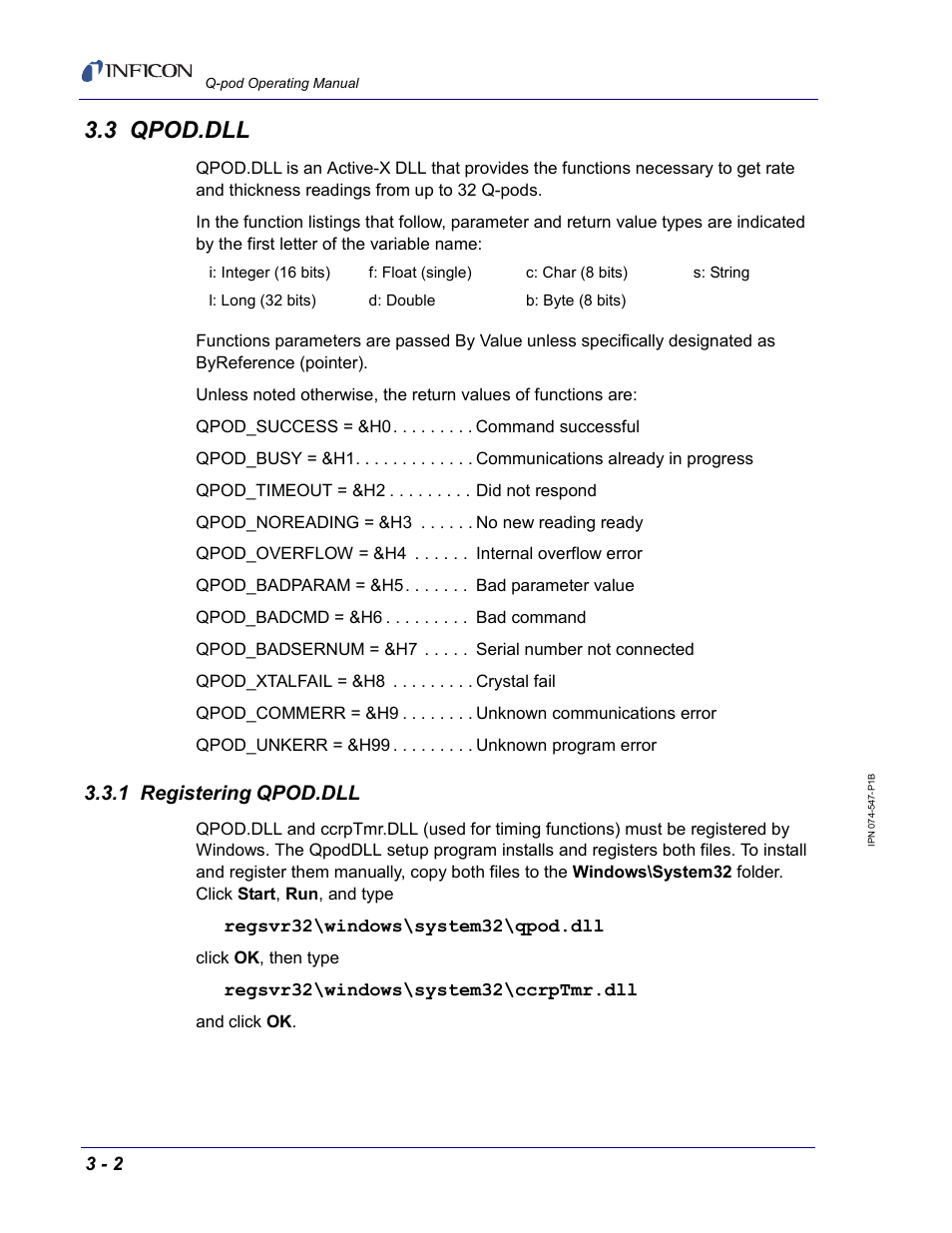3 qpod.dll, 1 registering qpod.dll | INFICON Q-pod Thin Film Deposition Monitor User Manual | Page 24 / 72