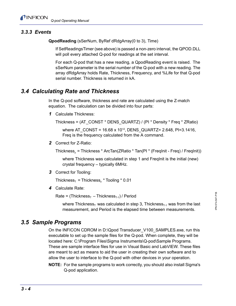 3 events, 4 calculating rate and thickness, 5 sample programs | INFICON Q-pod Thin Film Deposition Monitor User Manual | Page 26 / 72