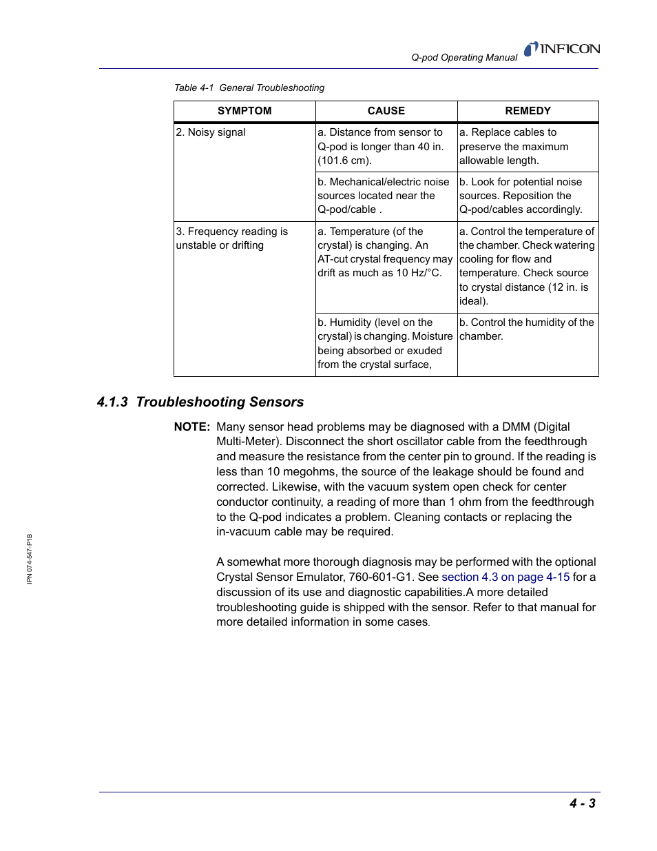 3 troubleshooting sensors | INFICON Q-pod Thin Film Deposition Monitor User Manual | Page 31 / 72