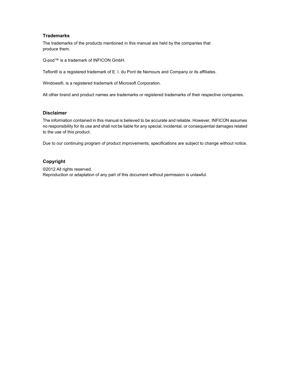 Trademarks, Disclaimer, Copyright | INFICON Q-pod Thin Film Deposition Monitor User Manual | Page 4 / 72