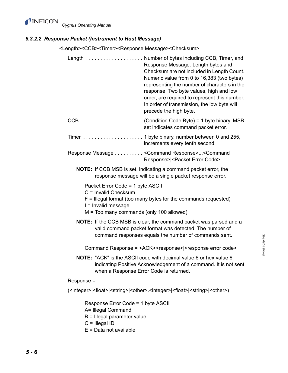2 response packet (instrument to host message) | INFICON Cygnus Thin Film Deposition Controller User Manual | Page 110 / 228