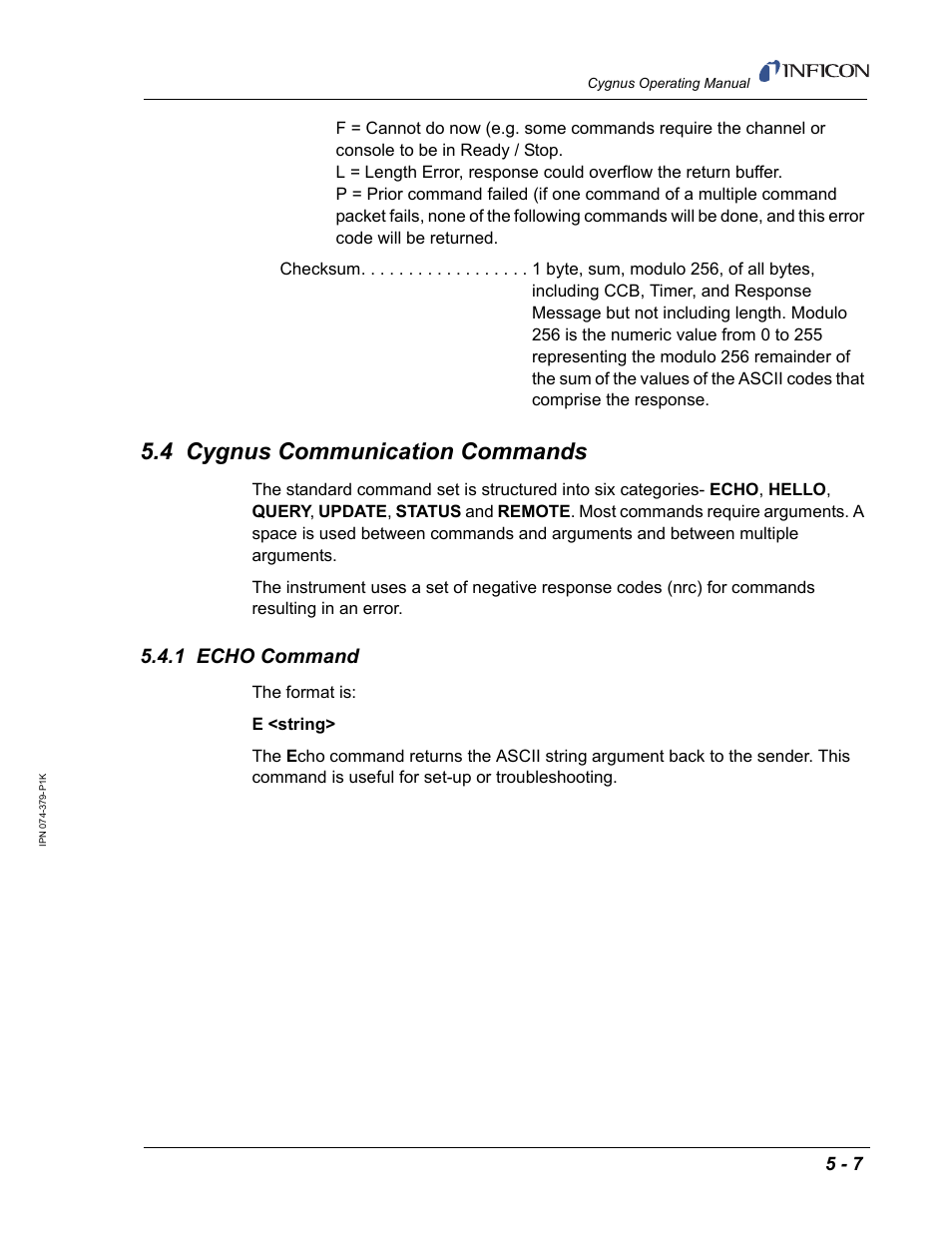4 cygnus communication commands, 1 echo command | INFICON Cygnus Thin Film Deposition Controller User Manual | Page 111 / 228