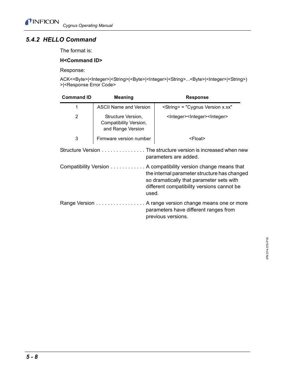 2 hello command | INFICON Cygnus Thin Film Deposition Controller User Manual | Page 112 / 228