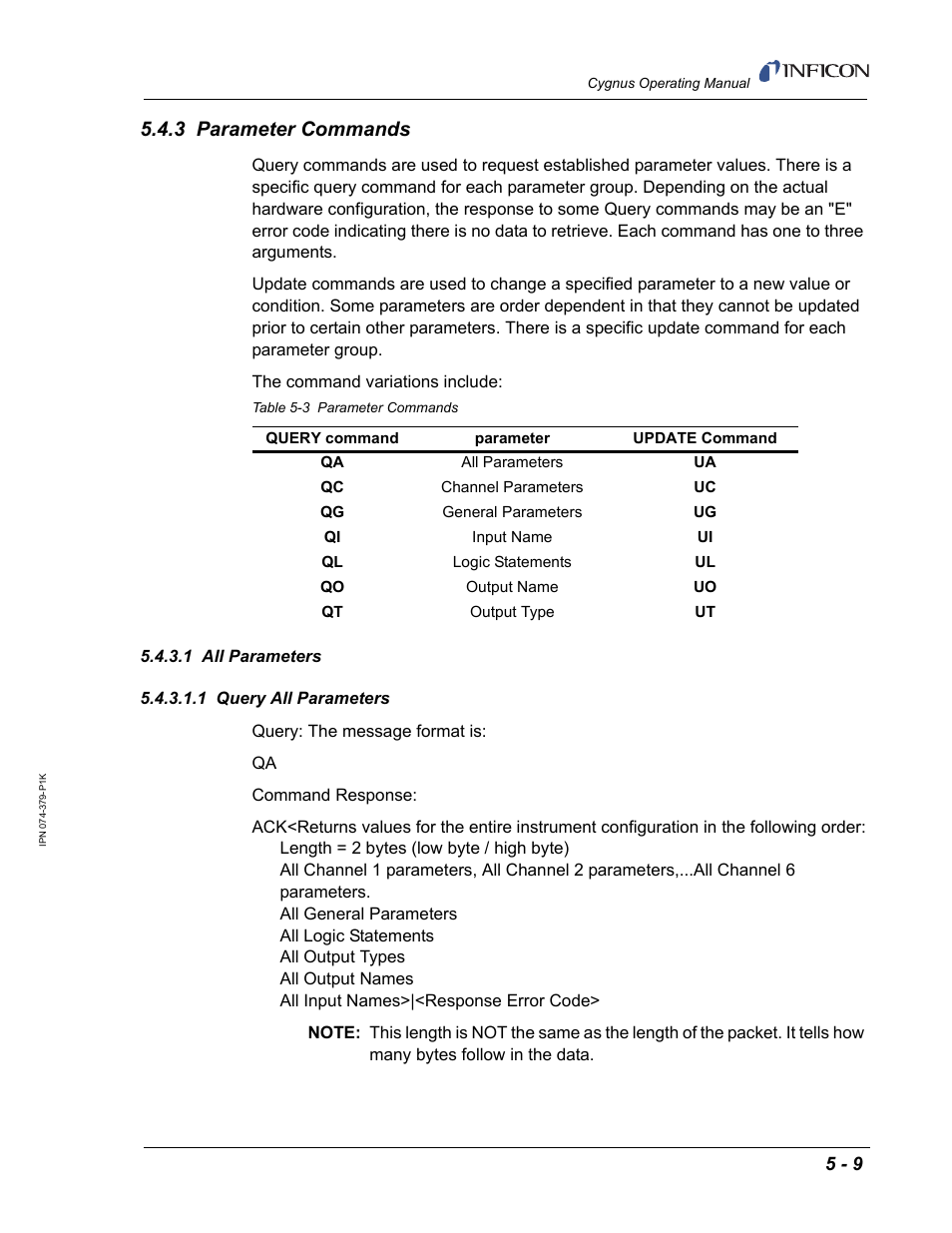 3 parameter commands, 1 all parameters, 1 query all parameters | INFICON Cygnus Thin Film Deposition Controller User Manual | Page 113 / 228