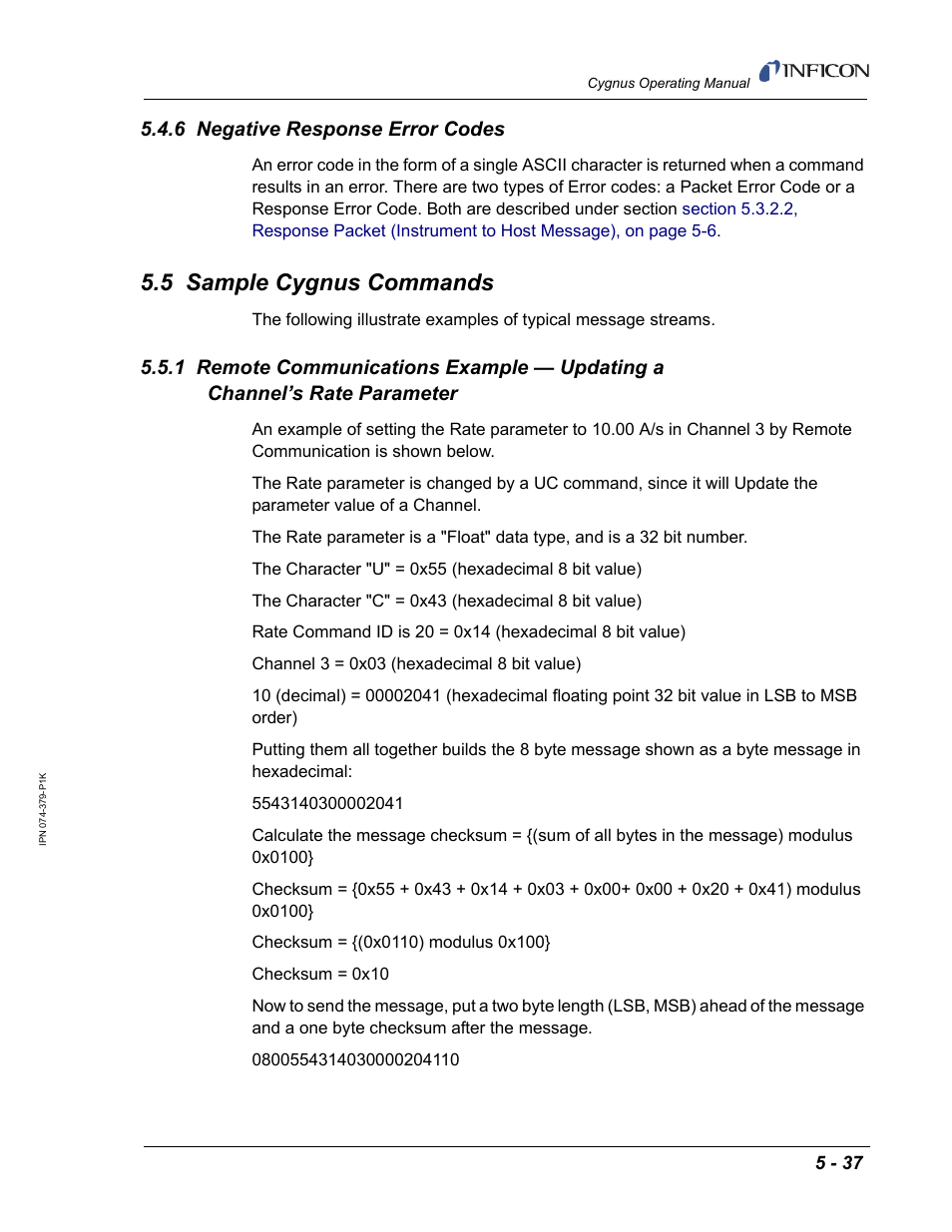 6 negative response error codes, 5 sample cygnus commands | INFICON Cygnus Thin Film Deposition Controller User Manual | Page 141 / 228