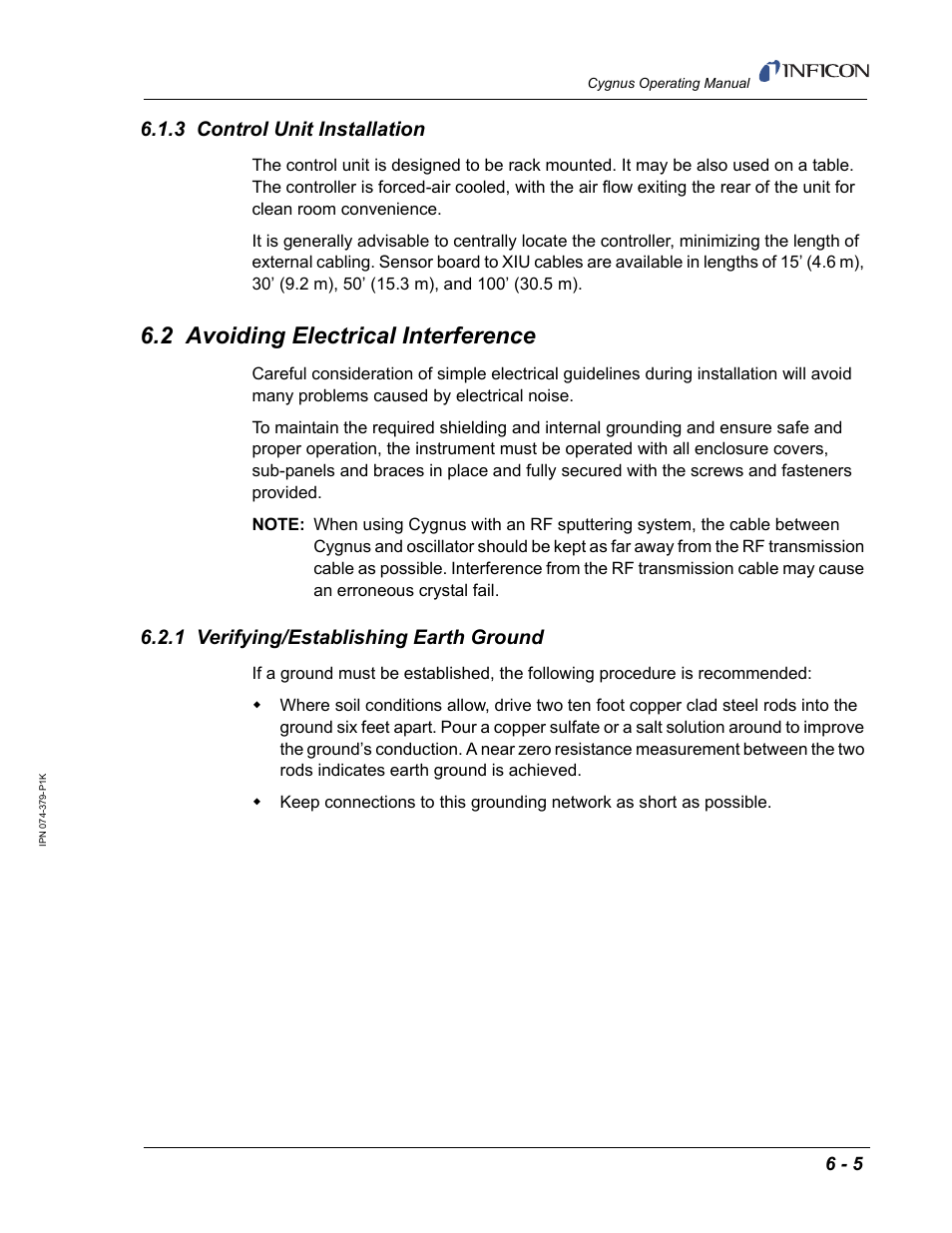3 control unit installation, 2 avoiding electrical interference, 1 verifying/establishing earth ground | INFICON Cygnus Thin Film Deposition Controller User Manual | Page 147 / 228