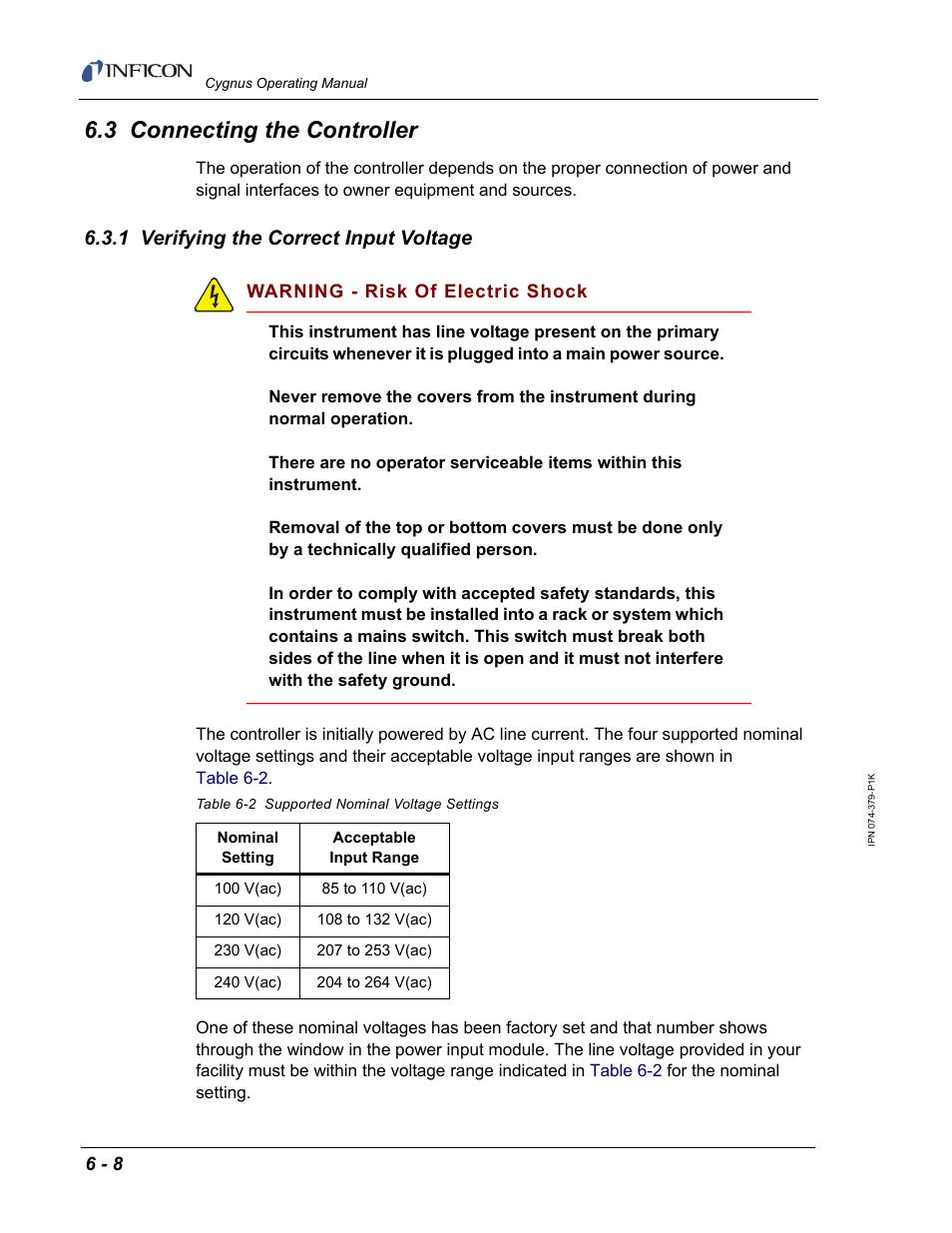 3 connecting the controller, 1 verifying the correct input voltage | INFICON Cygnus Thin Film Deposition Controller User Manual | Page 150 / 228