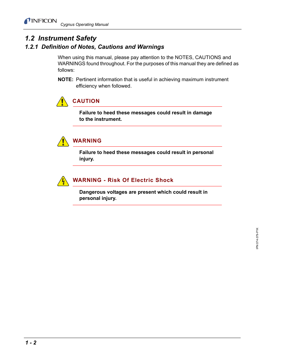 2 instrument safety, 1 definition of notes, cautions and warnings | INFICON Cygnus Thin Film Deposition Controller User Manual | Page 16 / 228