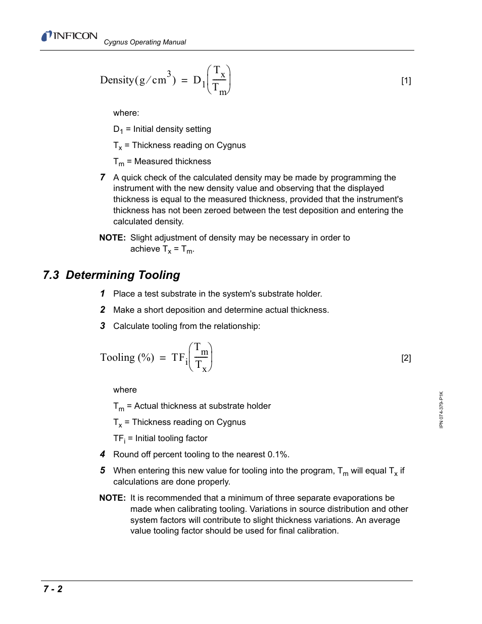 3 determining tooling, Section 7.3, Density g cm | Tooling (%) tf | INFICON Cygnus Thin Film Deposition Controller User Manual | Page 160 / 228