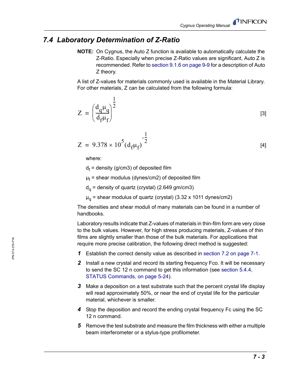 4 laboratory determination of z-ratio, Section 7.4 | INFICON Cygnus Thin Film Deposition Controller User Manual | Page 161 / 228