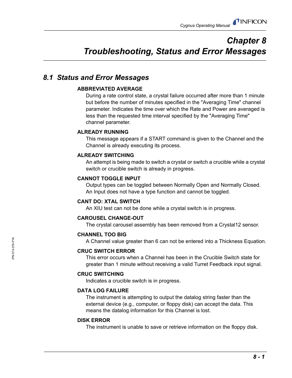 1 status and error messages, Chapter 8 | INFICON Cygnus Thin Film Deposition Controller User Manual | Page 167 / 228