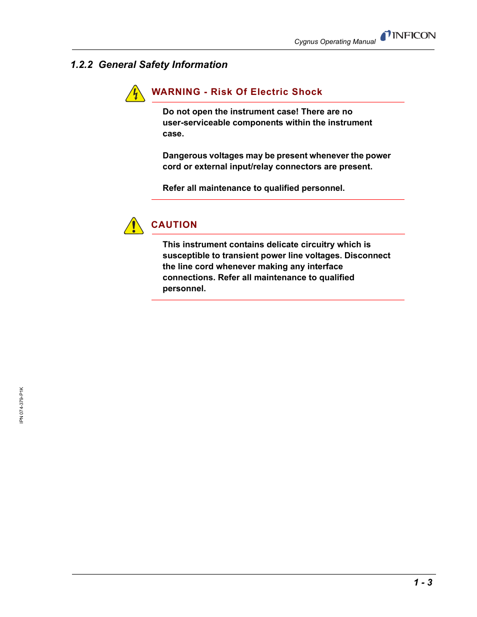 2 general safety information, Warning - risk of electric shock, Caution | INFICON Cygnus Thin Film Deposition Controller User Manual | Page 17 / 228