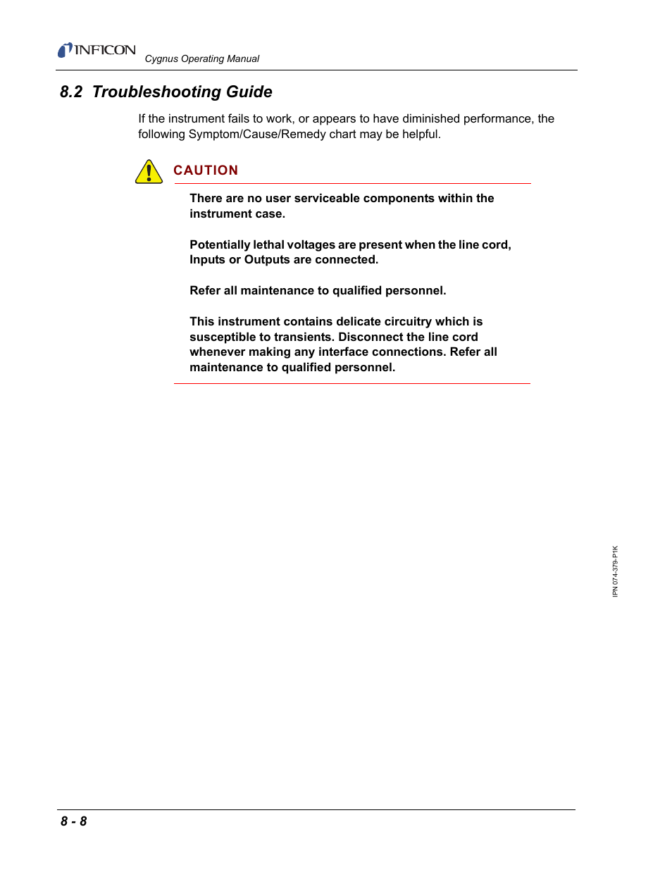 2 troubleshooting guide, Caution | INFICON Cygnus Thin Film Deposition Controller User Manual | Page 174 / 228