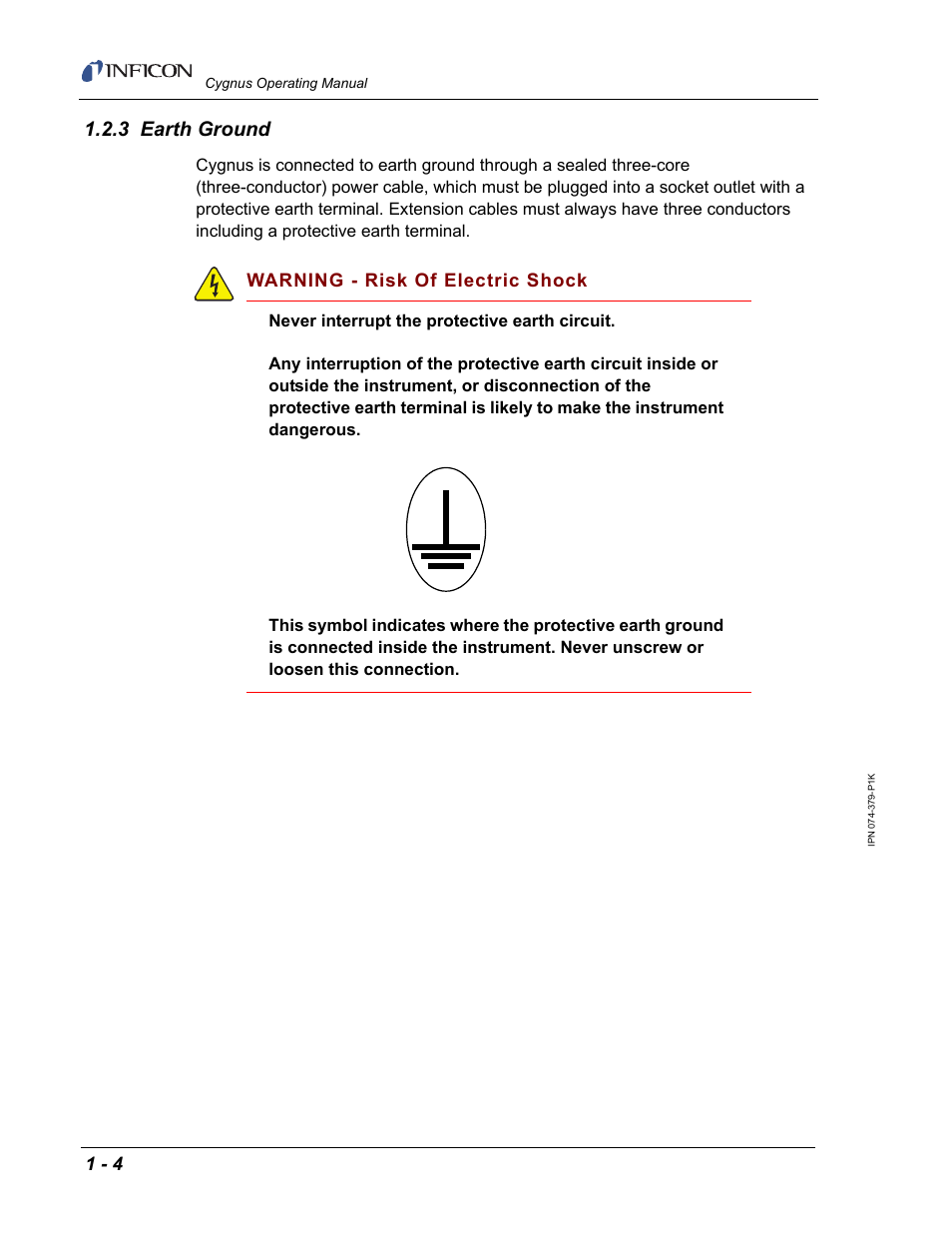 3 earth ground, Warning - risk of electric shock | INFICON Cygnus Thin Film Deposition Controller User Manual | Page 18 / 228