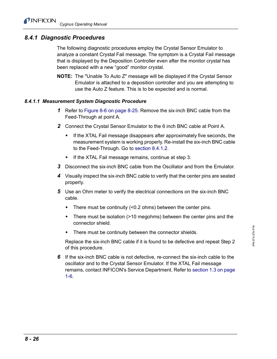 1 diagnostic procedures, 1 measurement system diagnostic procedure | INFICON Cygnus Thin Film Deposition Controller User Manual | Page 192 / 228