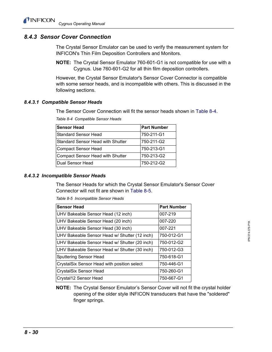 3 sensor cover connection, 1 compatible sensor heads, 2 incompatible sensor heads | INFICON Cygnus Thin Film Deposition Controller User Manual | Page 196 / 228